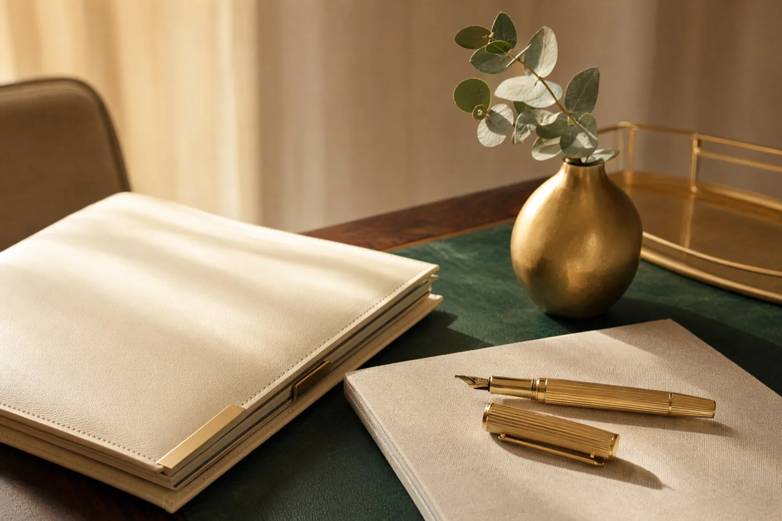 A leather portfolio and reading glasses on linen