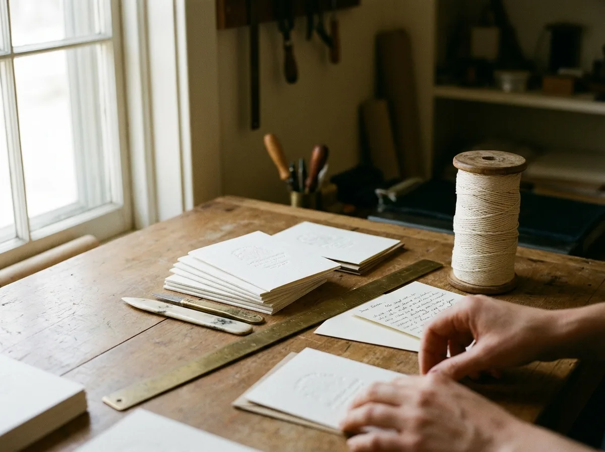 A studio worktable with letterpress cards and tools