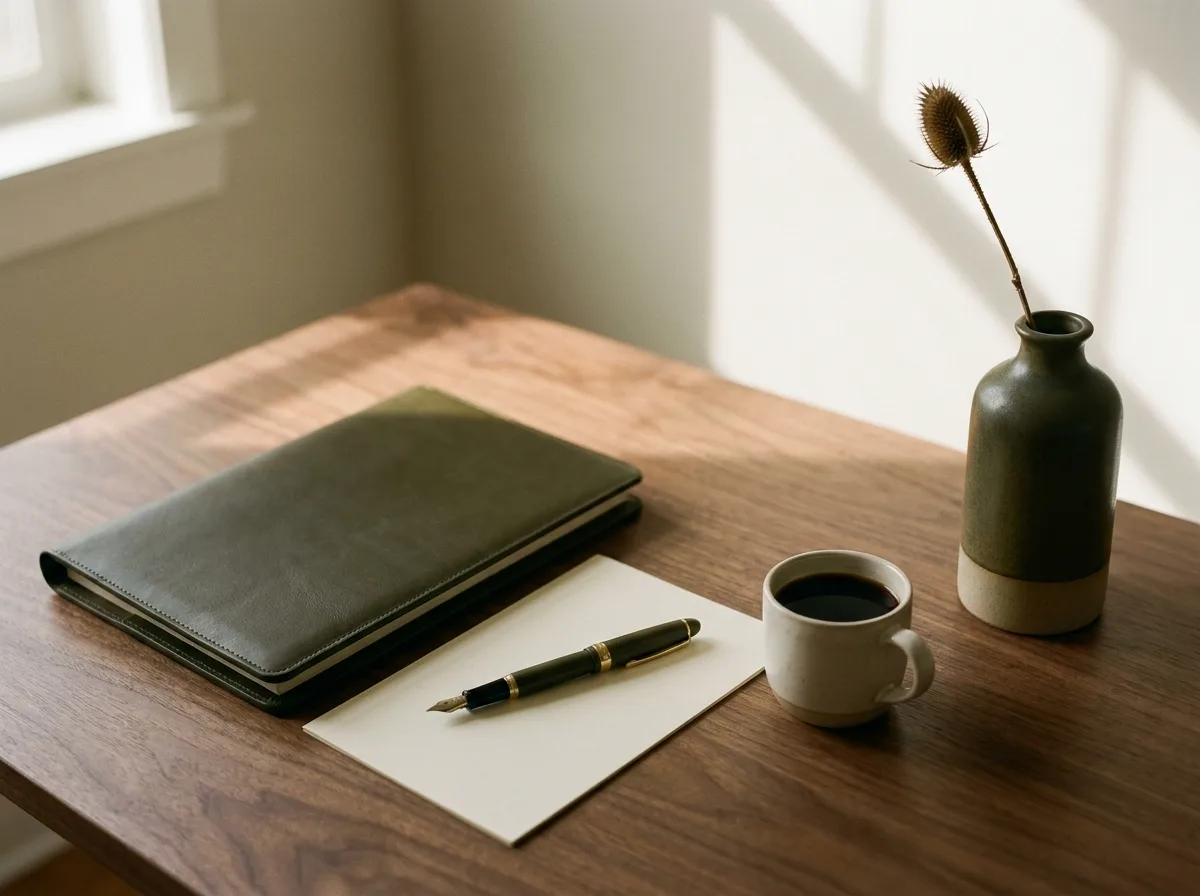 A quiet desk with a leather portfolio, fountain pen and coffee