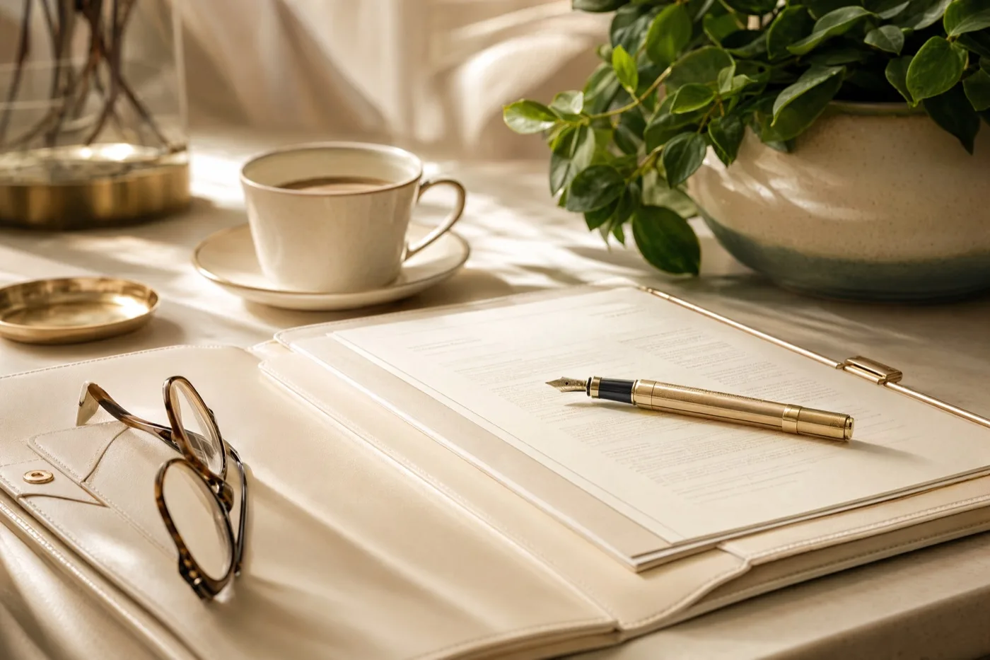 A fountain pen resting on a marked-up document